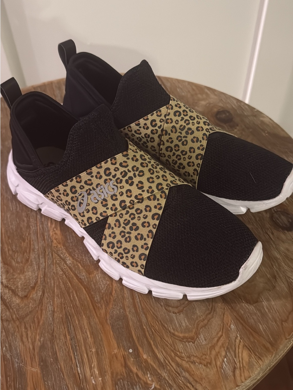 ASICS Women's Leopard-Accent Slip-On Athletic Sneakers in Black and Tan